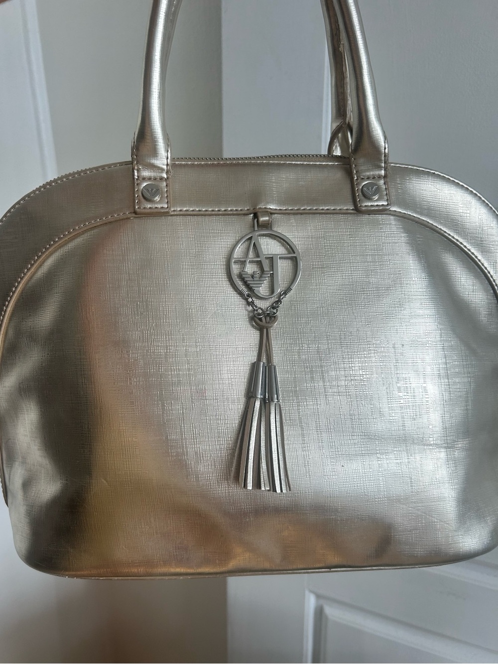Armani Jeans Metallic Gold Dome Satchel Logo Tassel Handbag